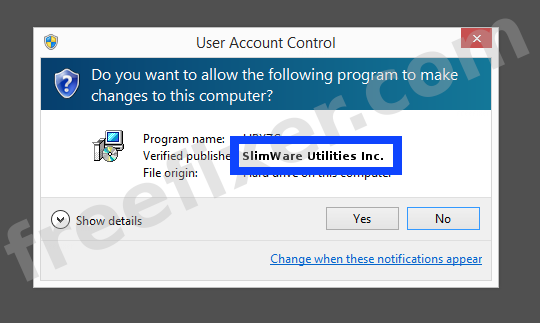 Screenshot where SlimWare Utilities Inc. appears as the verified publisher in the UAC dialog